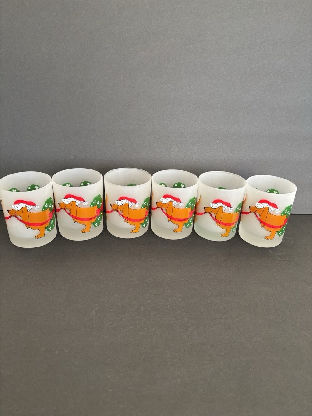 Vintage Neiman Marcus Christmas Dachshund Frosted Glasses Set of 6 12oz Culver